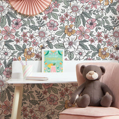 Gorgeous Gardenia Wallpaper in Sage Green and Pink on White