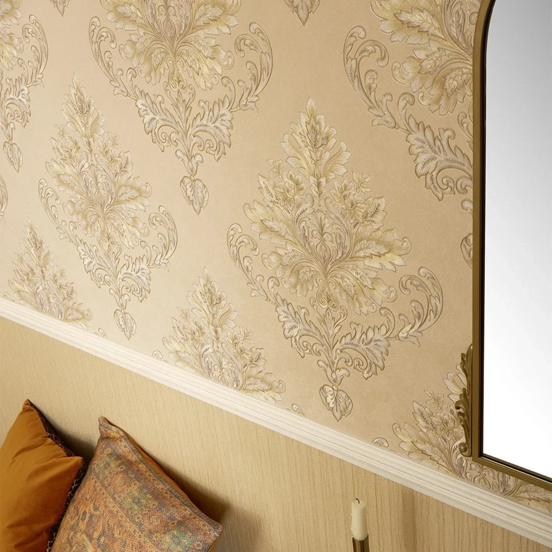 Jasmine Damask Wallpaper in Sand with Metallic Gold