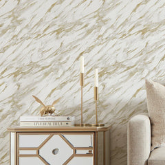 Modern Marble Wallpaper in White with Gold Effect