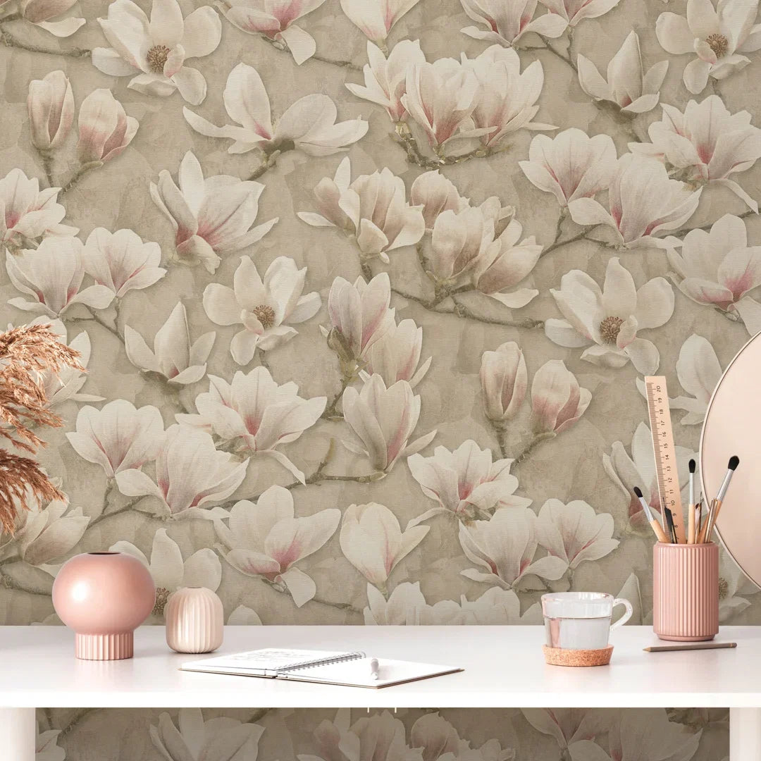 Gentle Blossoms Wallpaper in Pink on Cream