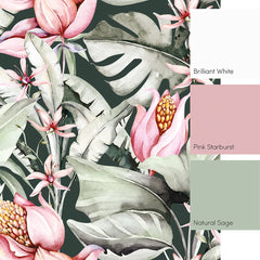 Exotic Flowers Full Wall Mural in Charcoal, Green and Pink