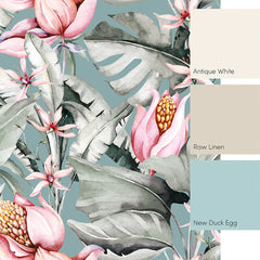Exotic Flowers Full Wall Mural in Teal, Green and Pink
