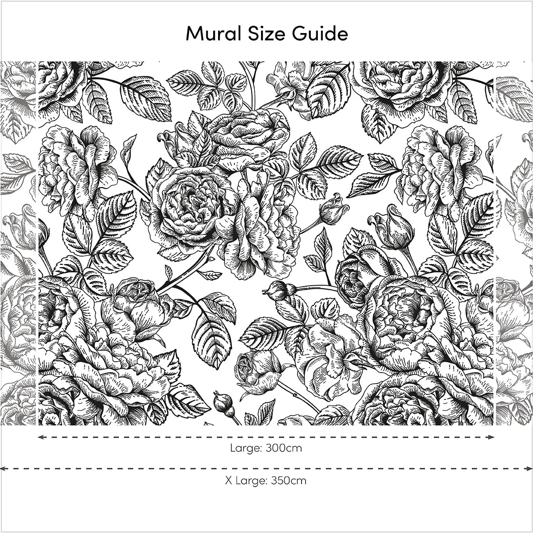 Gentle Roses Full Wall Mural in Monochrome