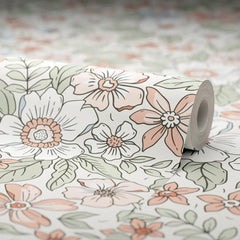 Gorgeous Gardenia Wallpaper in Sage, Soft Blues and Peach