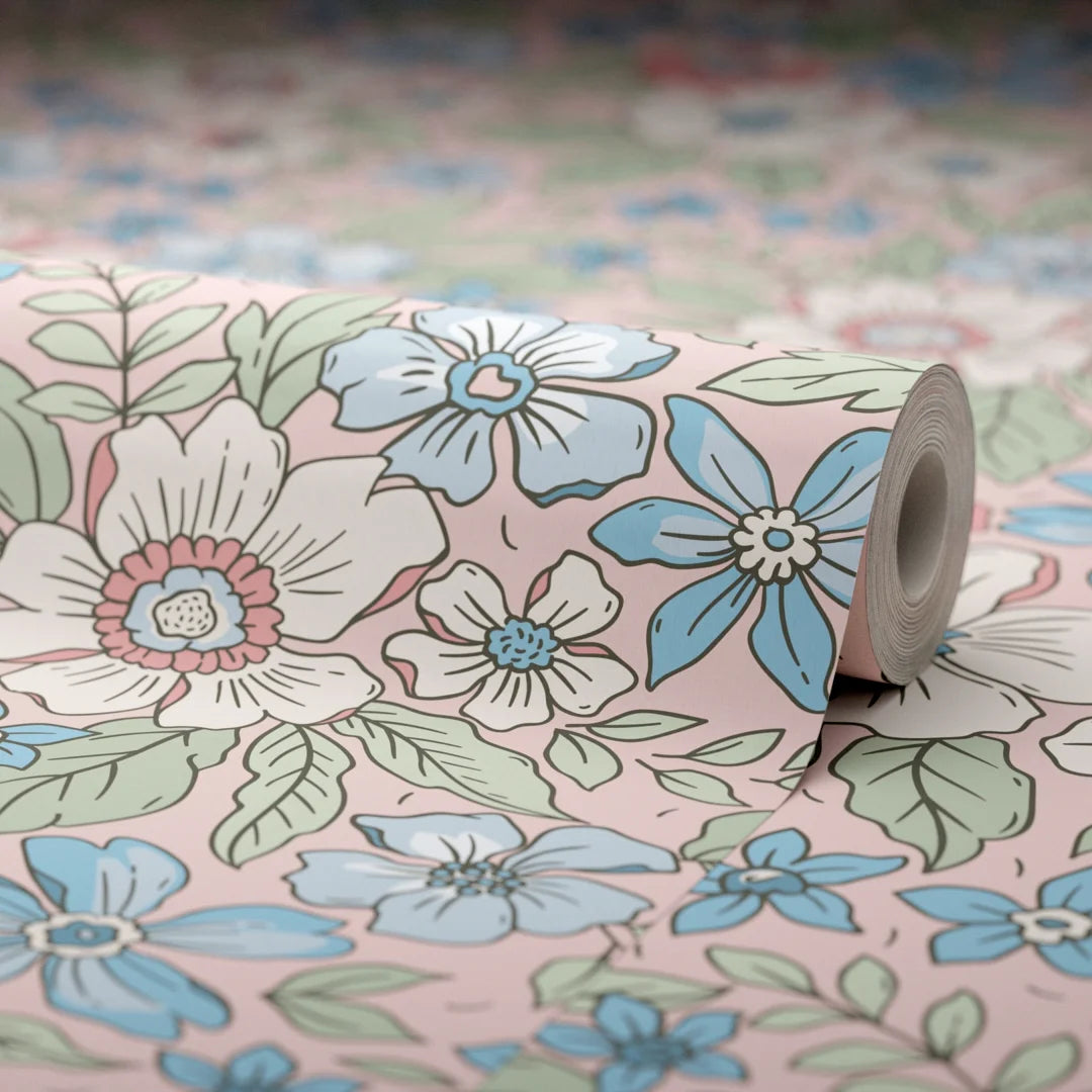 Gorgeous Gardenia Wallpaper in Soft Blue and Sage on Soft Pink