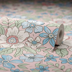 Gorgeous Gardenia Wallpaper in Soft Blue and Sage on Soft Pink