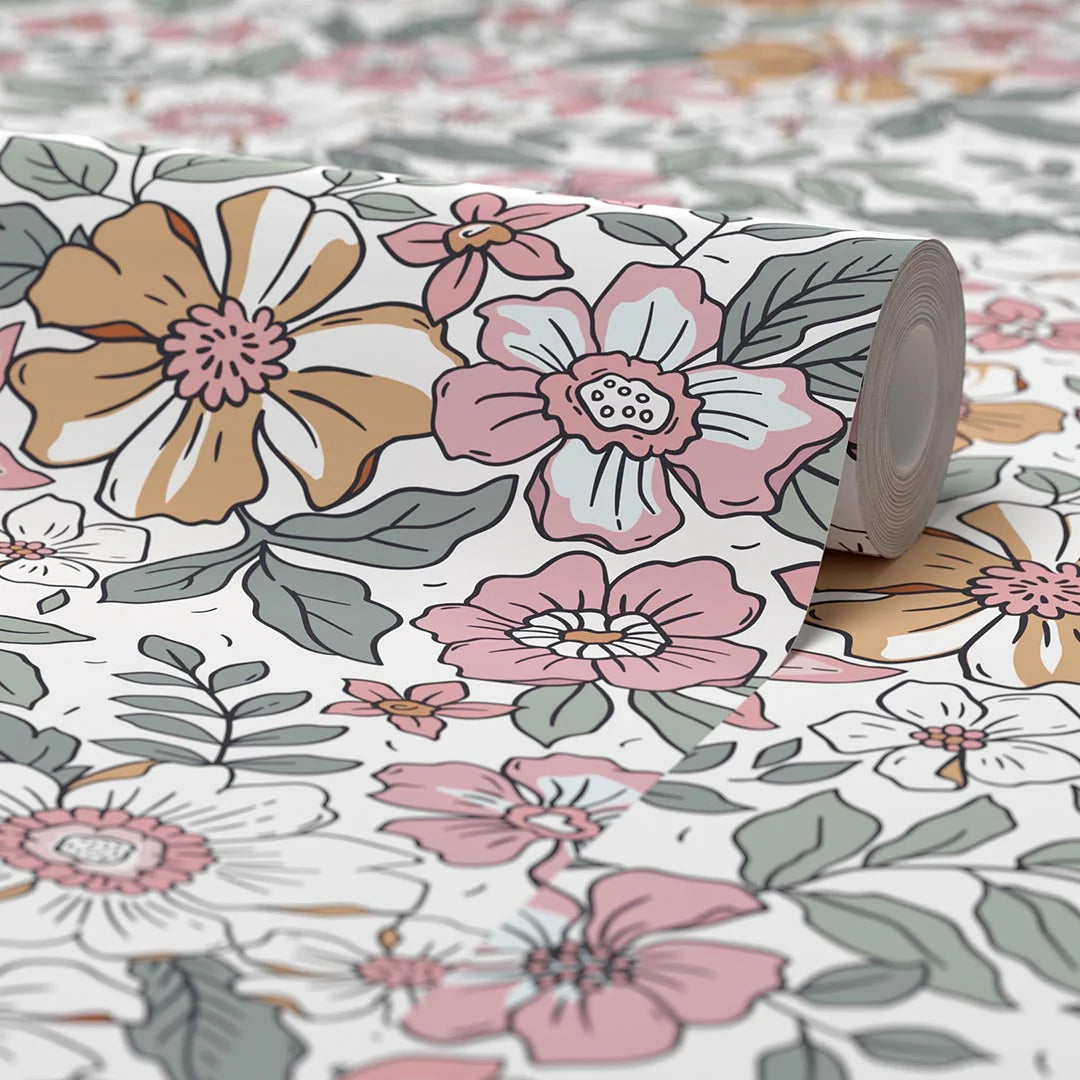 Gorgeous Gardenia Wallpaper in Sage Green and Pink on White