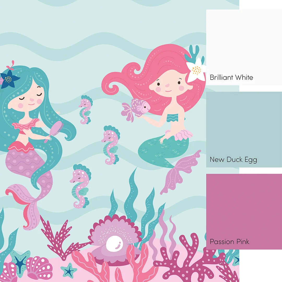 The Magical Mermaids Full Wall Mural in Pink and Teal