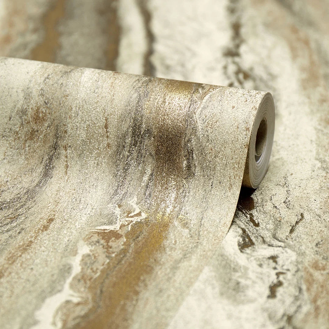 Zeus Metallic Wallpaper in Warm Grey and Sand and Metallic Gold