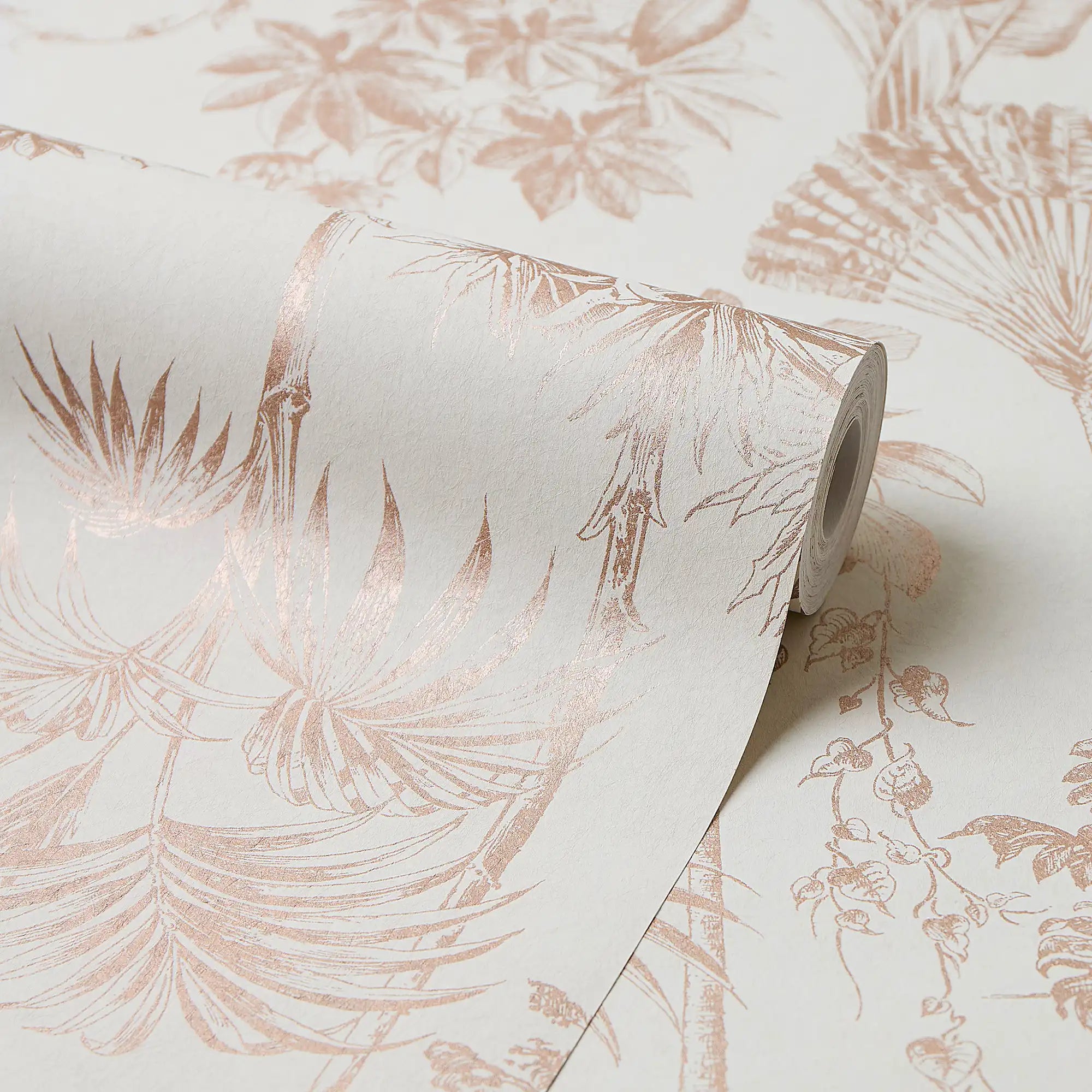 Rainforest Retreat Wallpaper in Rose Gold on Cream