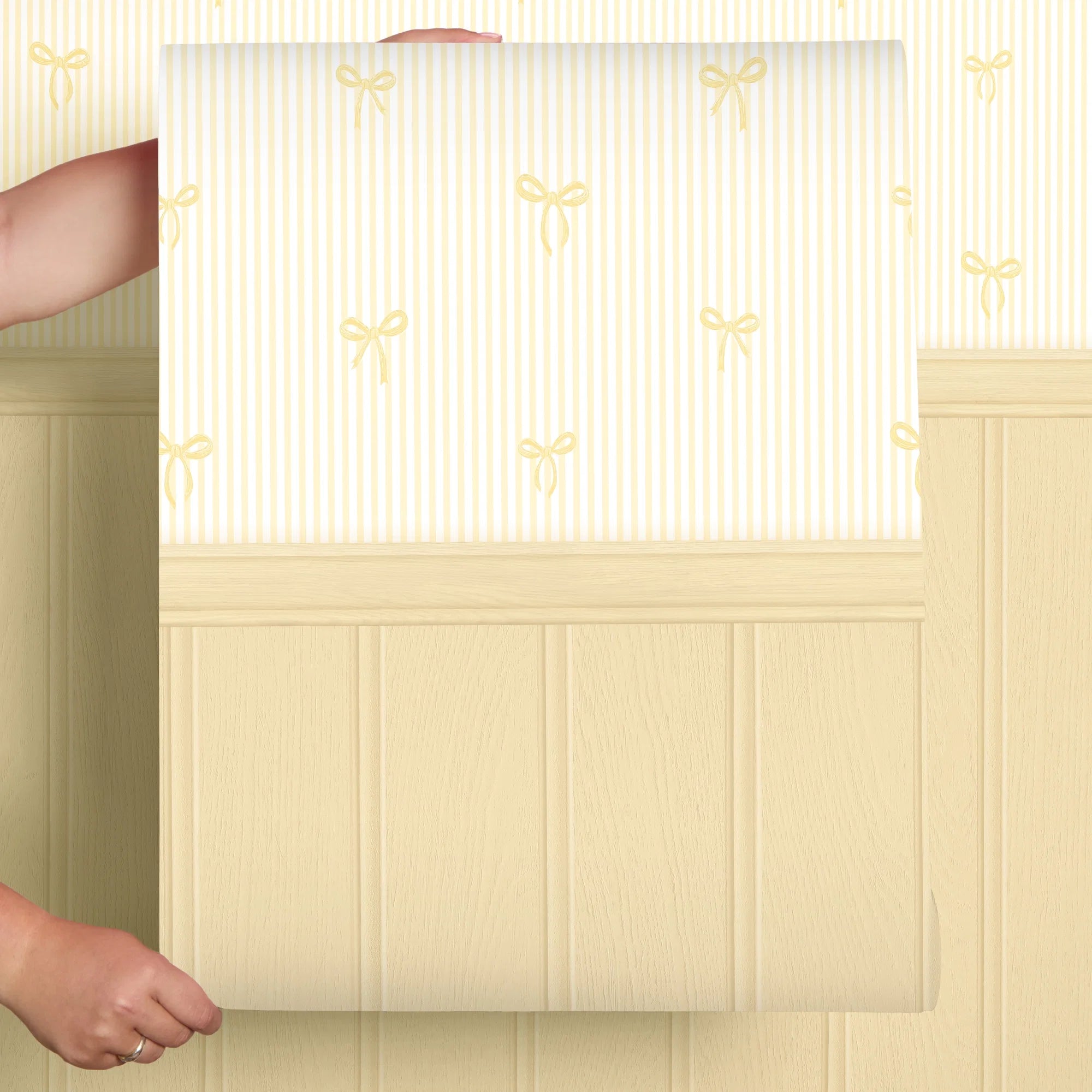 Delicate Bows on Pinstripe Panel Wallpaper in Lemon with Lemon Yellow Panel