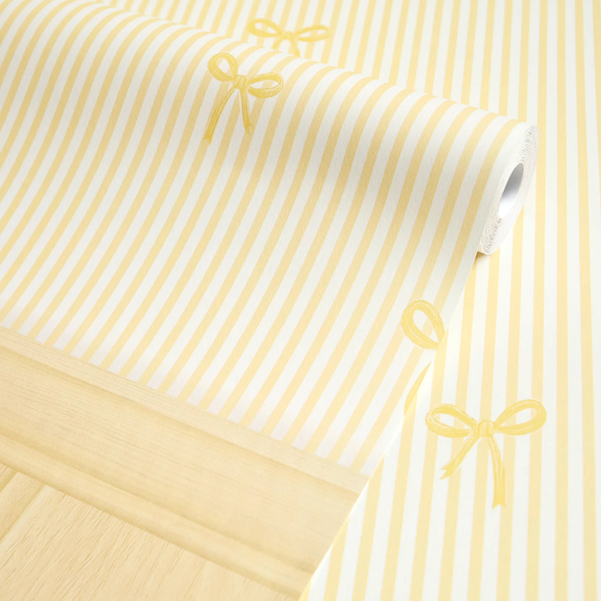 Delicate Bows on Pinstripe Panel Wallpaper in Lemon with Lemon Yellow Panel