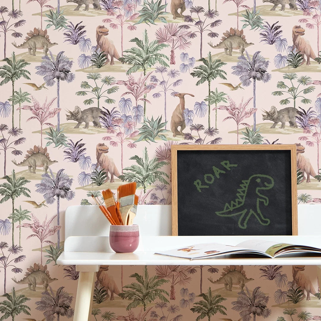 Dino Adventures Wallpaper in Soft Pink