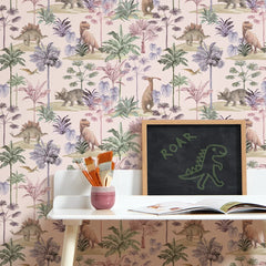 Dino Adventures Wallpaper in Soft Pink