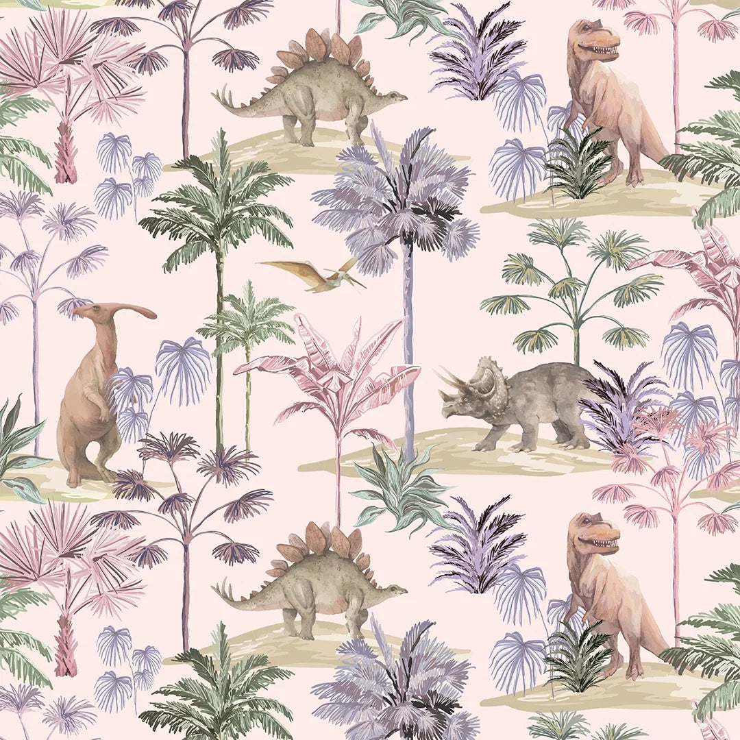 Dino Adventures Wallpaper in Soft Pink