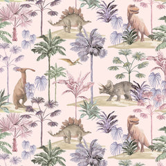 Dino Adventures Wallpaper in Soft Pink