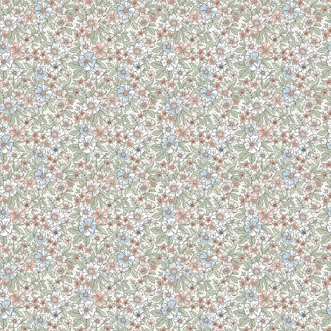 Ditsy Gardenia Wallpaper in Sage, Soft Blues and Peach