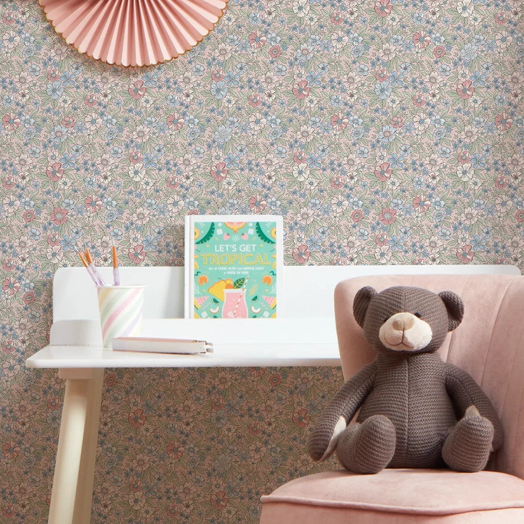 Ditsy Gardenia Wallpaper in Soft Blue and Sage on Soft Pink