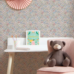 Ditsy Gardenia Wallpaper in Soft Blue and Sage on Soft Pink