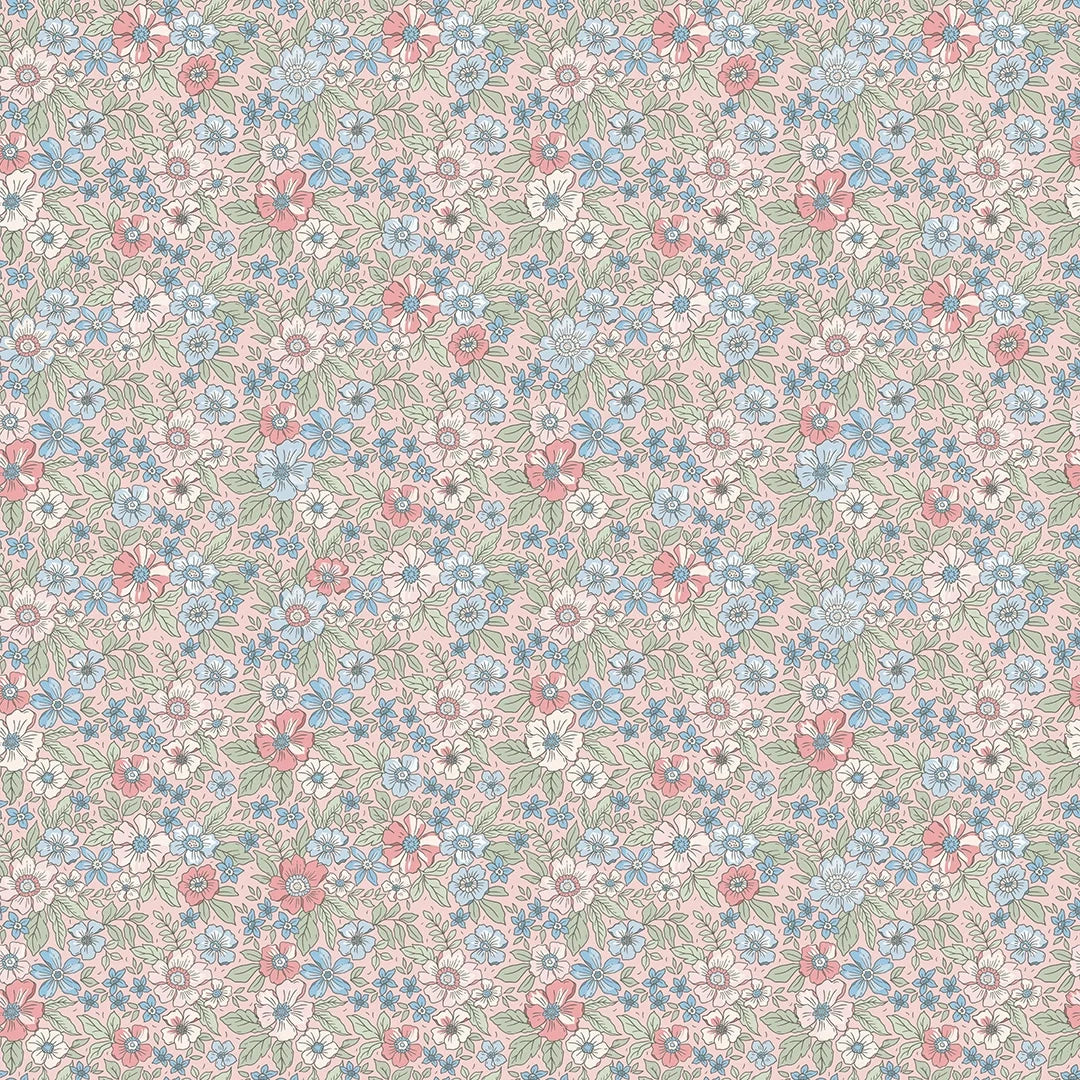 Ditsy Gardenia Wallpaper in Soft Blue and Sage on Soft Pink