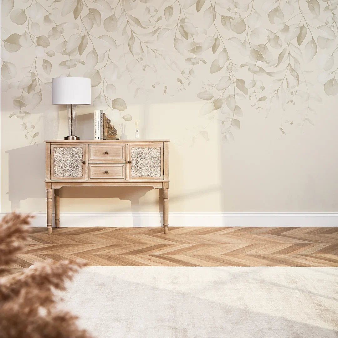 Eucalyptus Cascade Full Wall Mural in Warm Neutrals