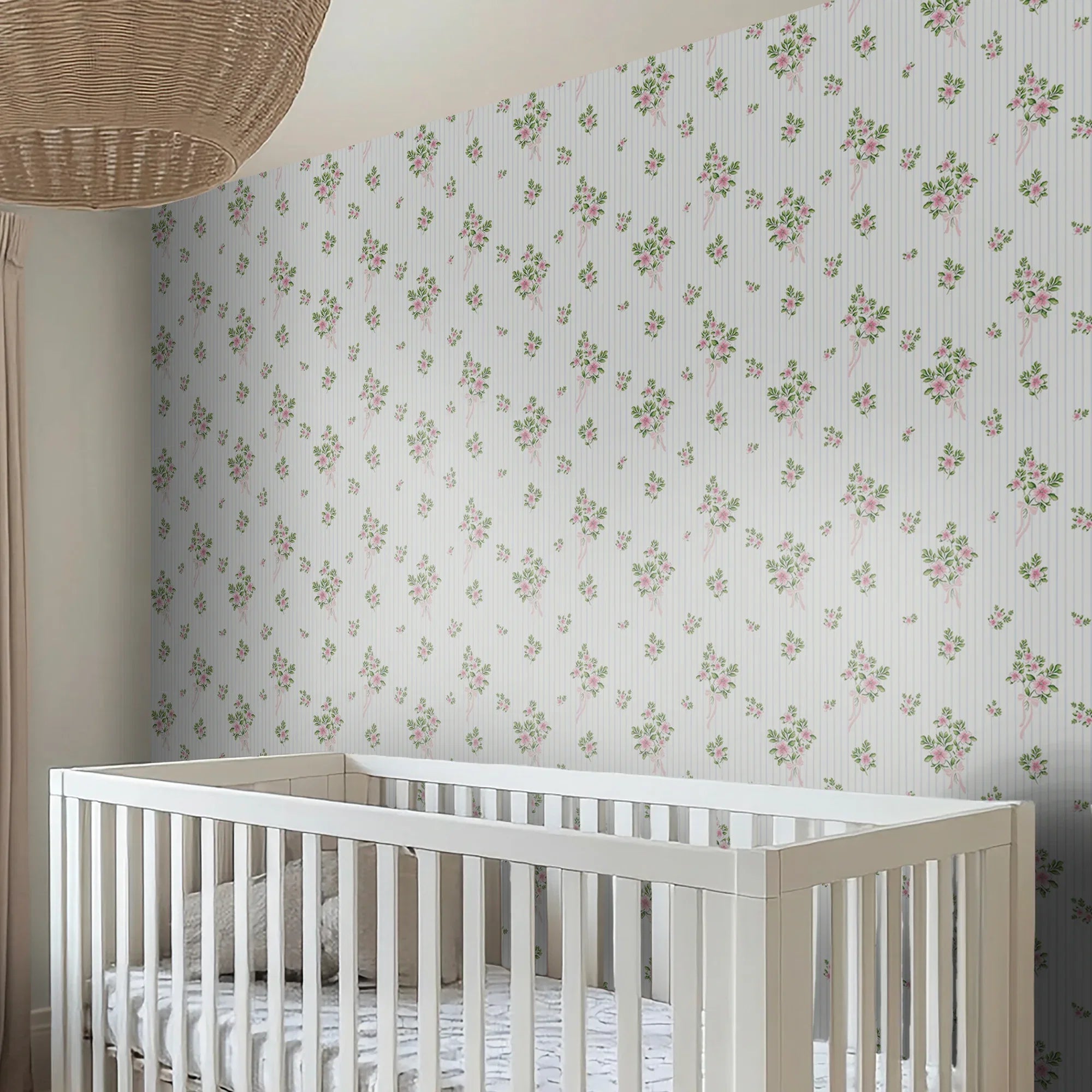 Floral Bouquet Pinstripe Wallpaper in Pink and Blue