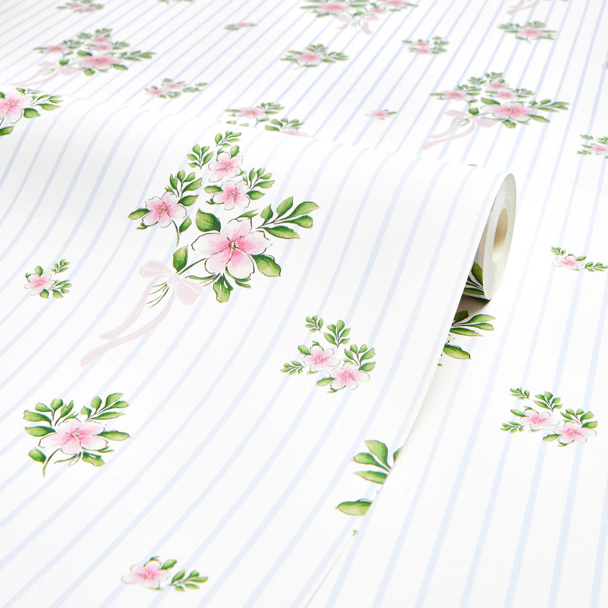 Floral Bouquet Pinstripe Wallpaper in Pink and Blue