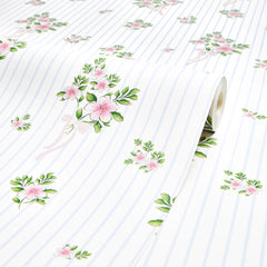 Floral Bouquet Pinstripe Wallpaper in Pink and Blue