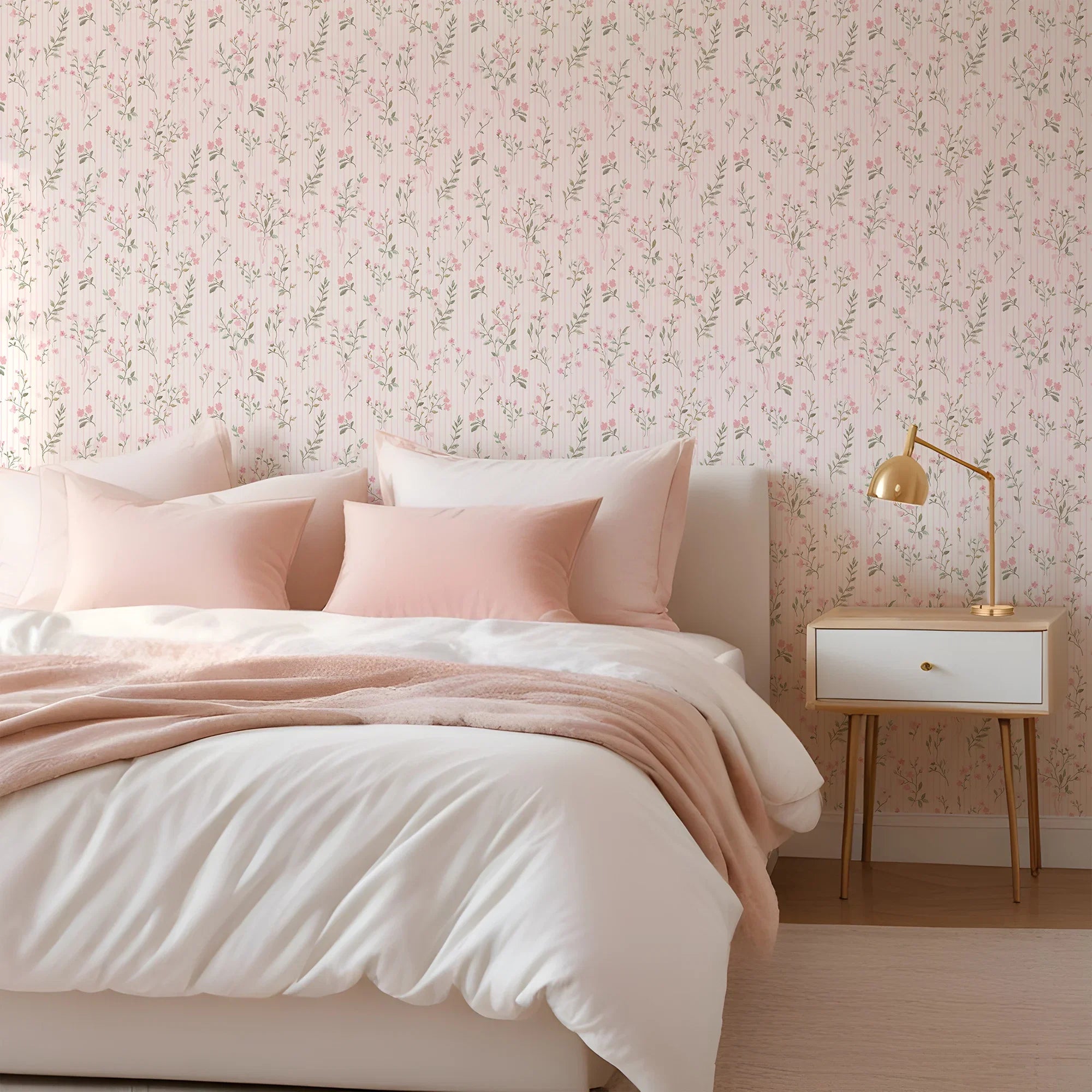 Floral Pinstripe Wallpaper in Light Pink and Pink