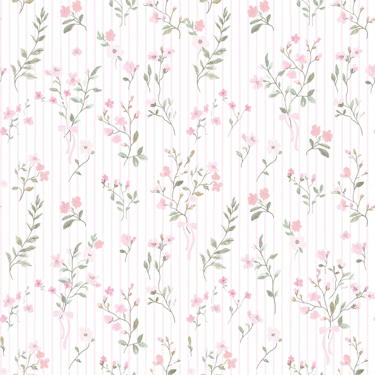 Floral Pinstripe Wallpaper in Light Pink and Pink