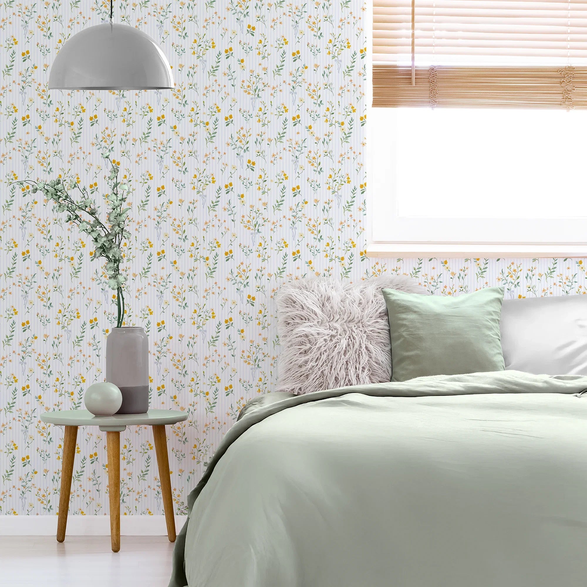 Floral Pinstripe Wallpaper in Yellow and Blue