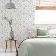 Floral Pinstripe Wallpaper in Yellow and Blue
