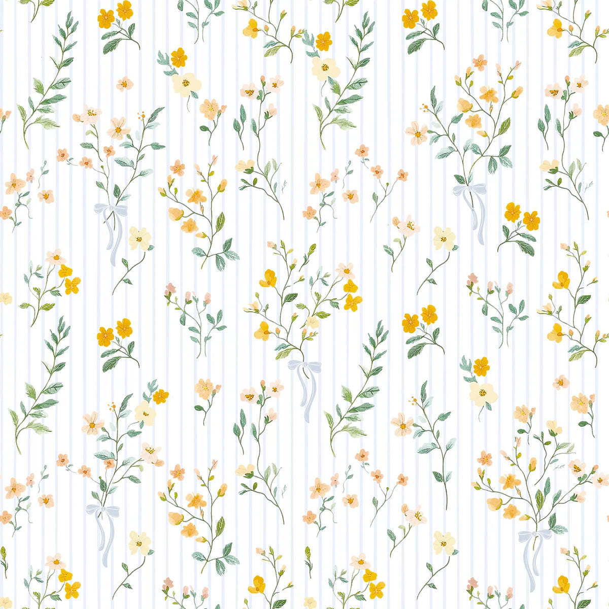 Floral Pinstripe Wallpaper in Yellow and Blue