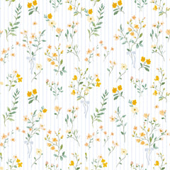 Floral Pinstripe Wallpaper in Yellow and Blue