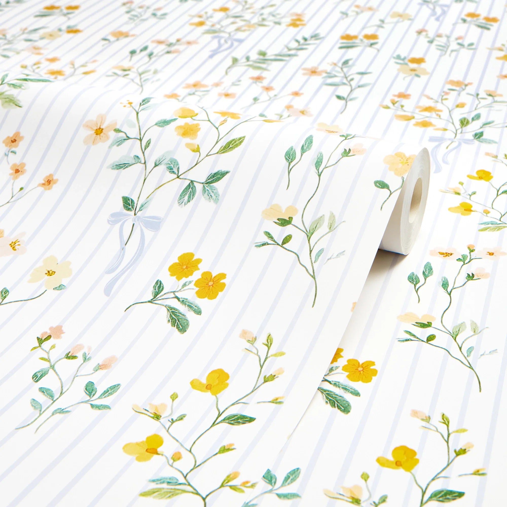 Floral Pinstripe Wallpaper in Yellow and Blue
