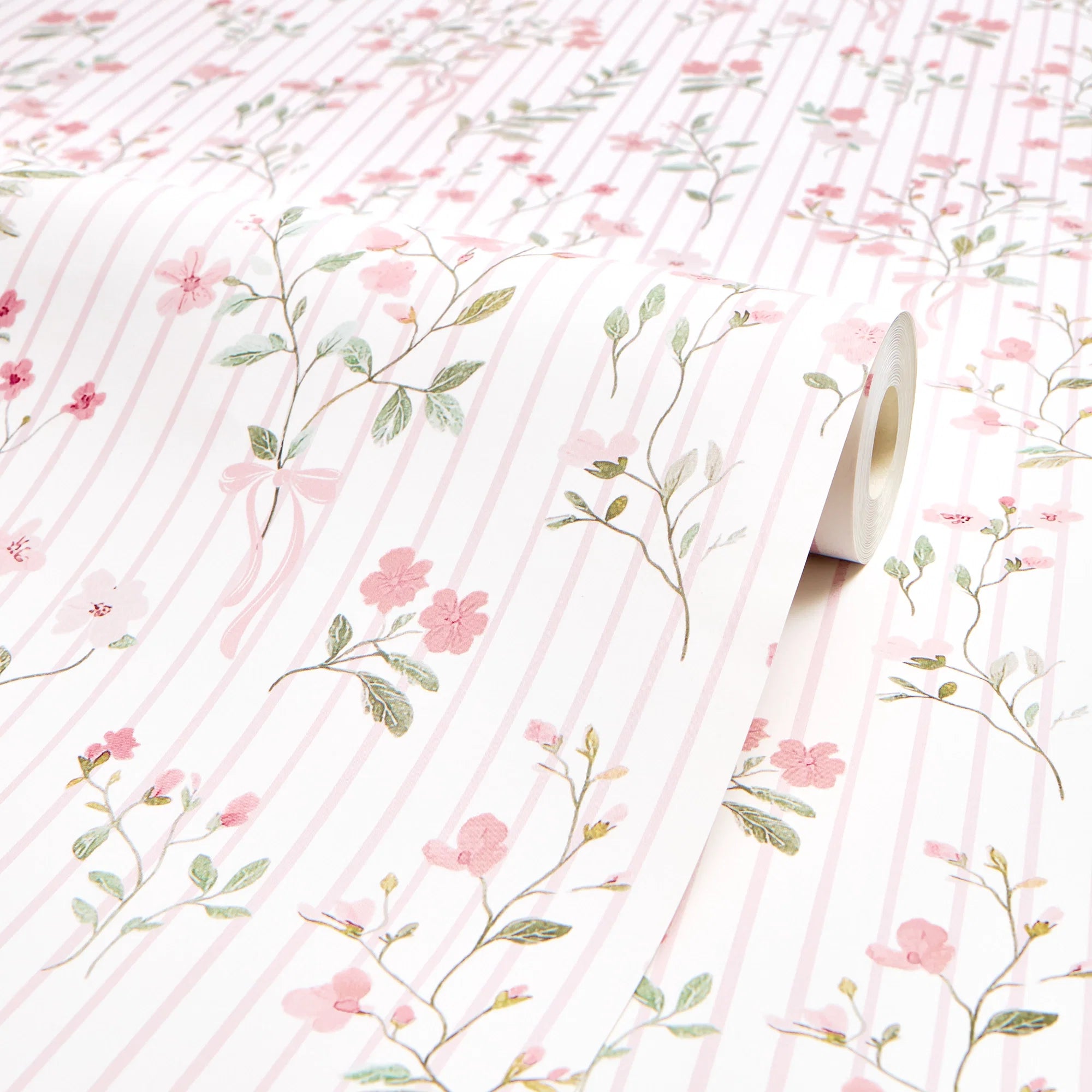 Floral Pinstripe Wallpaper in Light Pink and Pink