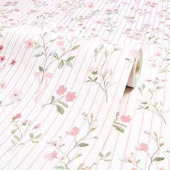 Floral Pinstripe Wallpaper in Light Pink and Pink