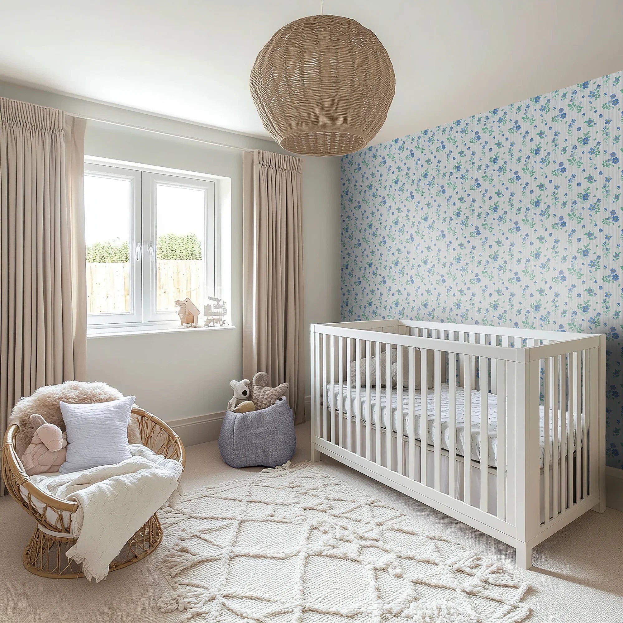 Flowers and Stripes Wallpaper in Blue and Green