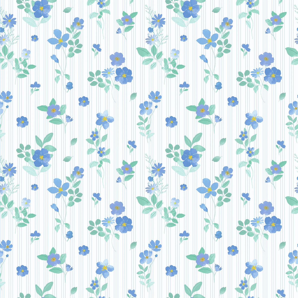 Flowers and Stripes Wallpaper in Blue and Green