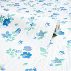 Flowers and Stripes Wallpaper in Blue and Green