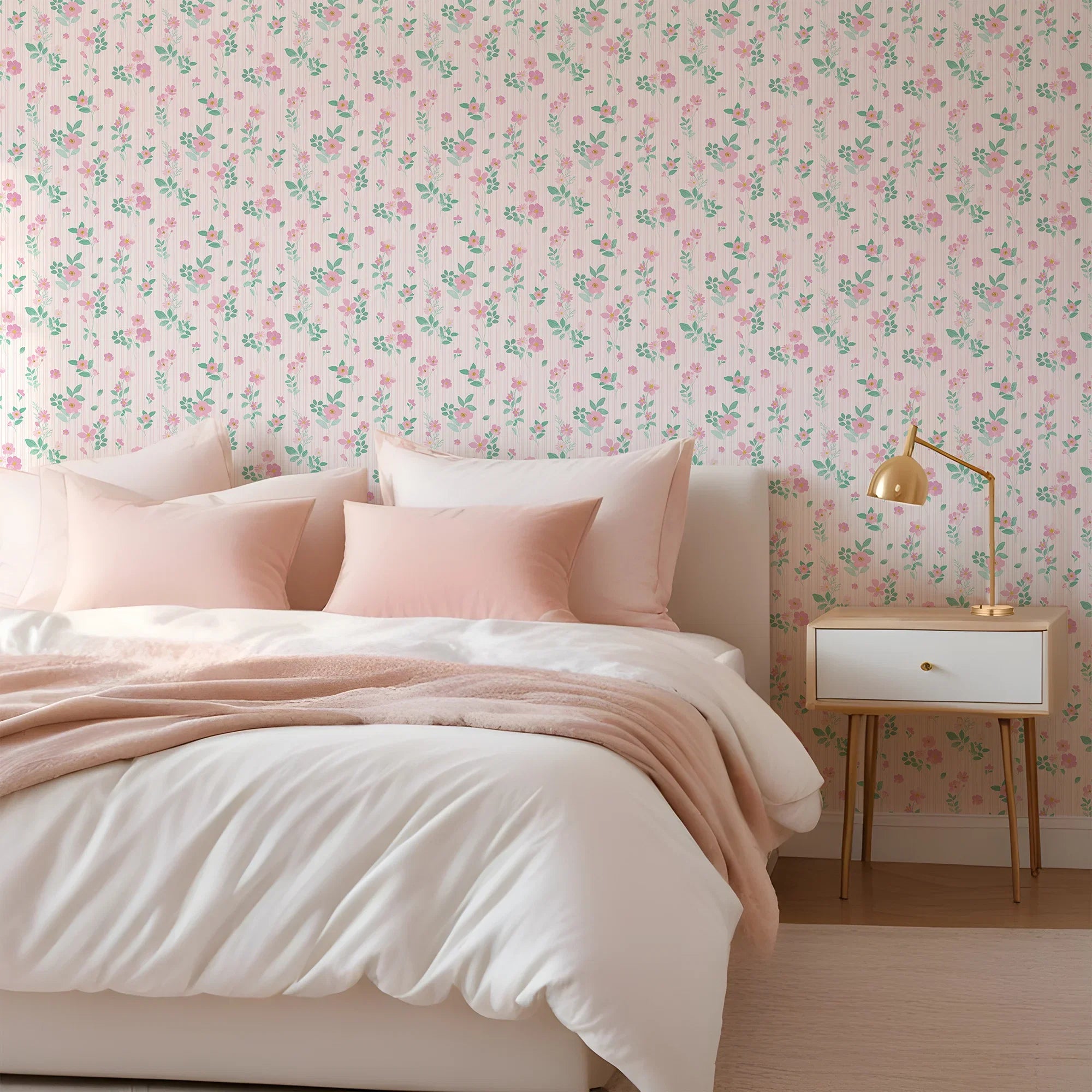 Flowers and Stripes Wallpaper in Candy Pink and Green