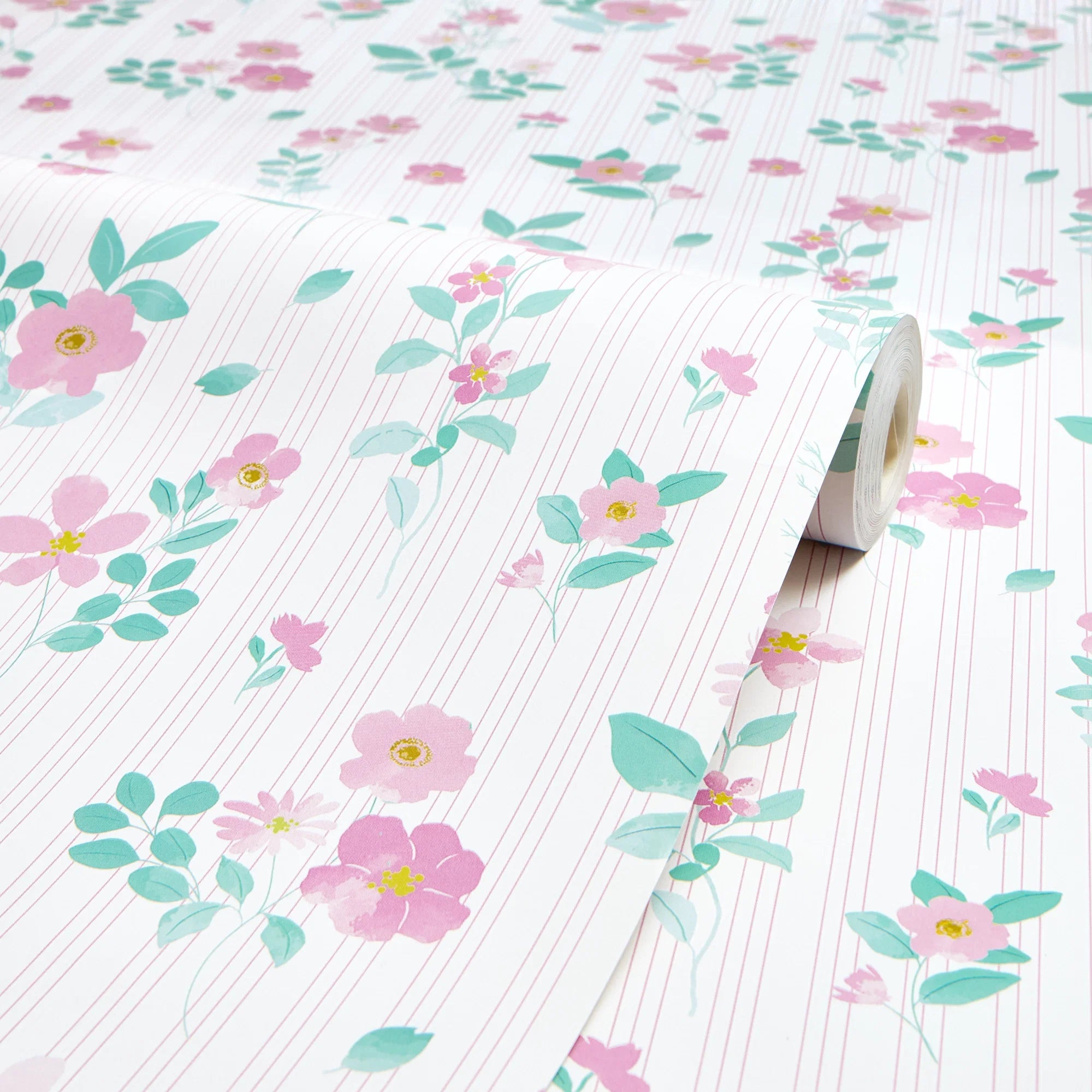 Flowers and Stripes Wallpaper in Candy Pink and Green