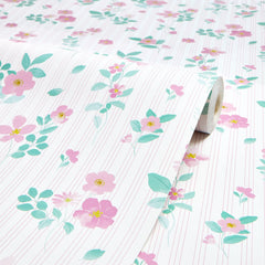 Flowers and Stripes Wallpaper in Candy Pink and Green