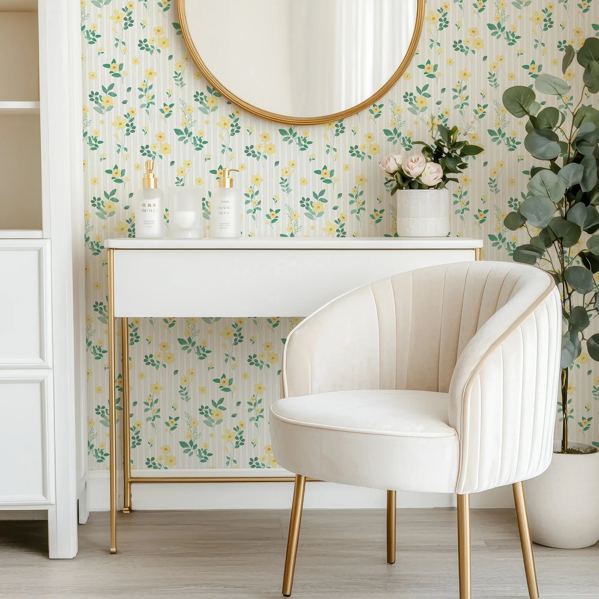 Flowers and Stripes Wallpaper in Lemon Yellow and Sage