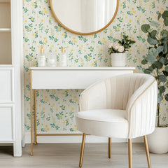 Flowers and Stripes Wallpaper in Lemon Yellow and Sage