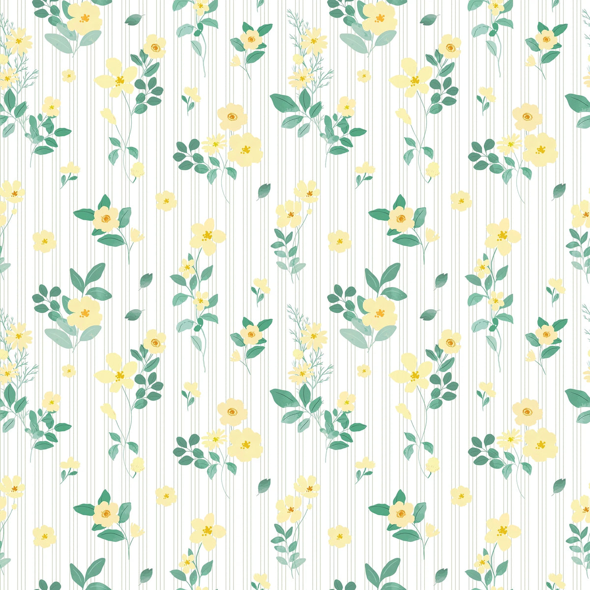 Flowers and Stripes Wallpaper in Lemon Yellow and Sage