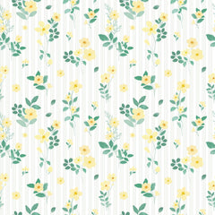 Flowers and Stripes Wallpaper in Lemon Yellow and Sage