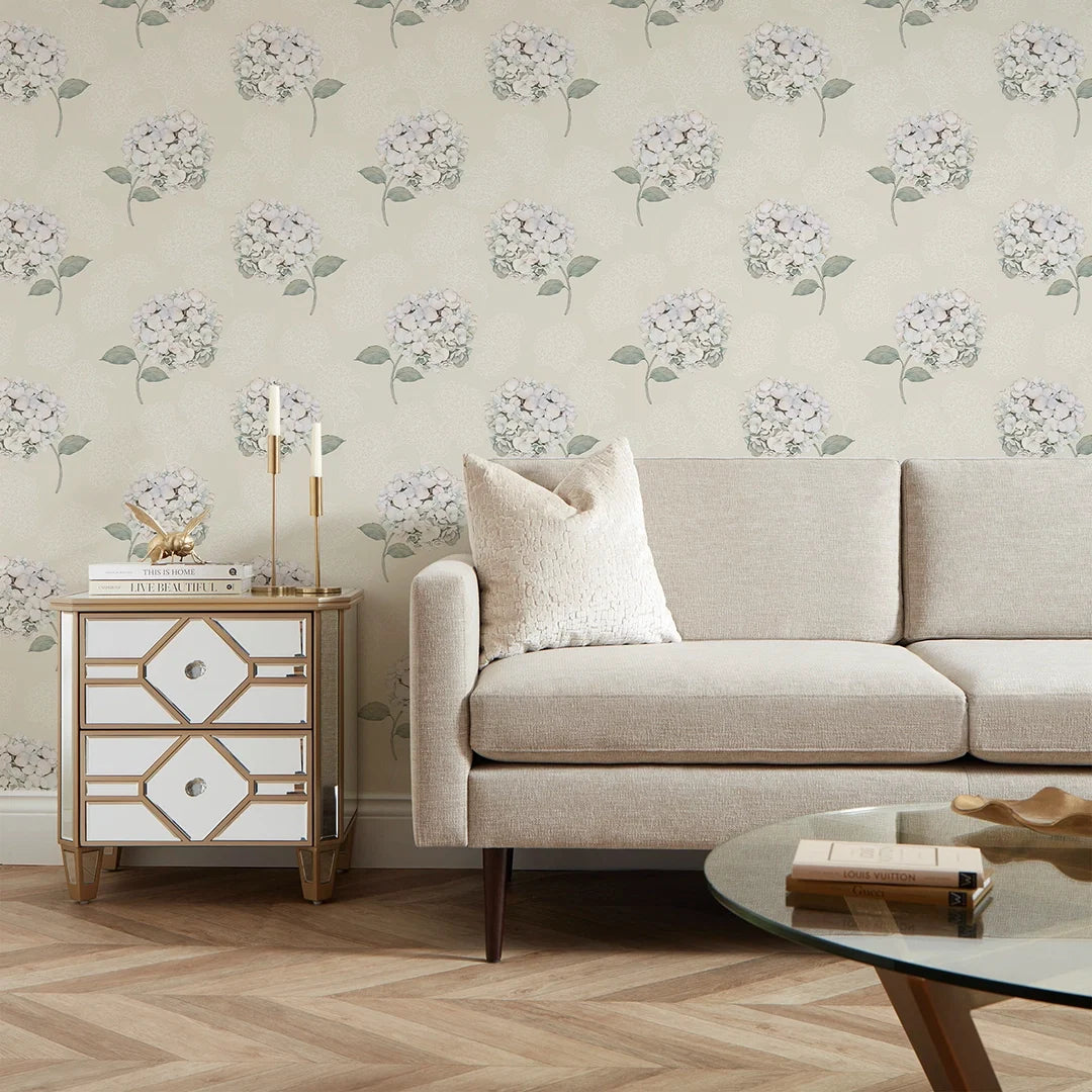 Hydrangea Harmony Wallpaper in Cream