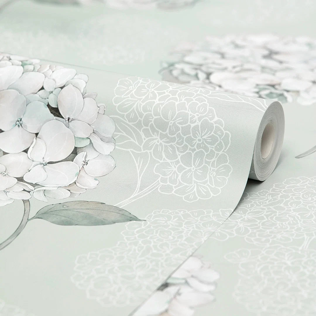 Hydrangea Harmony Wallpaper in Sage Green