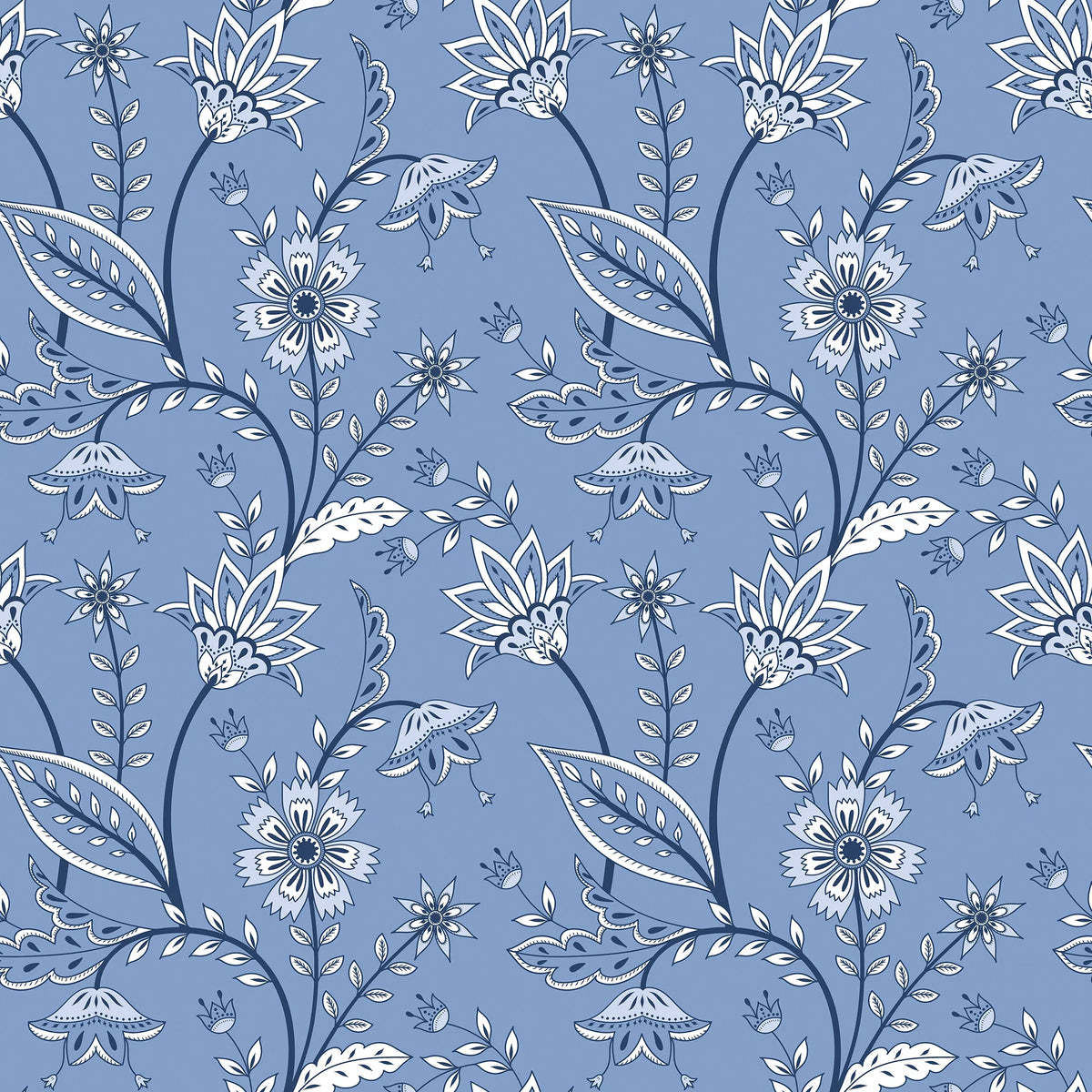 Jacobean Floral Wallpaper in Cornflower Blue